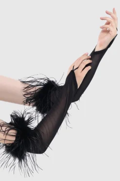 BABEYOND Evening Gloves|19 Finger Loop Satin Feather Gloves Black