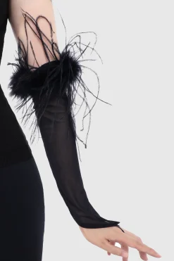 BABEYOND Evening Gloves|19 Finger Loop Satin Feather Gloves Black