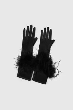 BABEYOND Evening Gloves|18.9 Ostrich Feather Satin Gloves Black