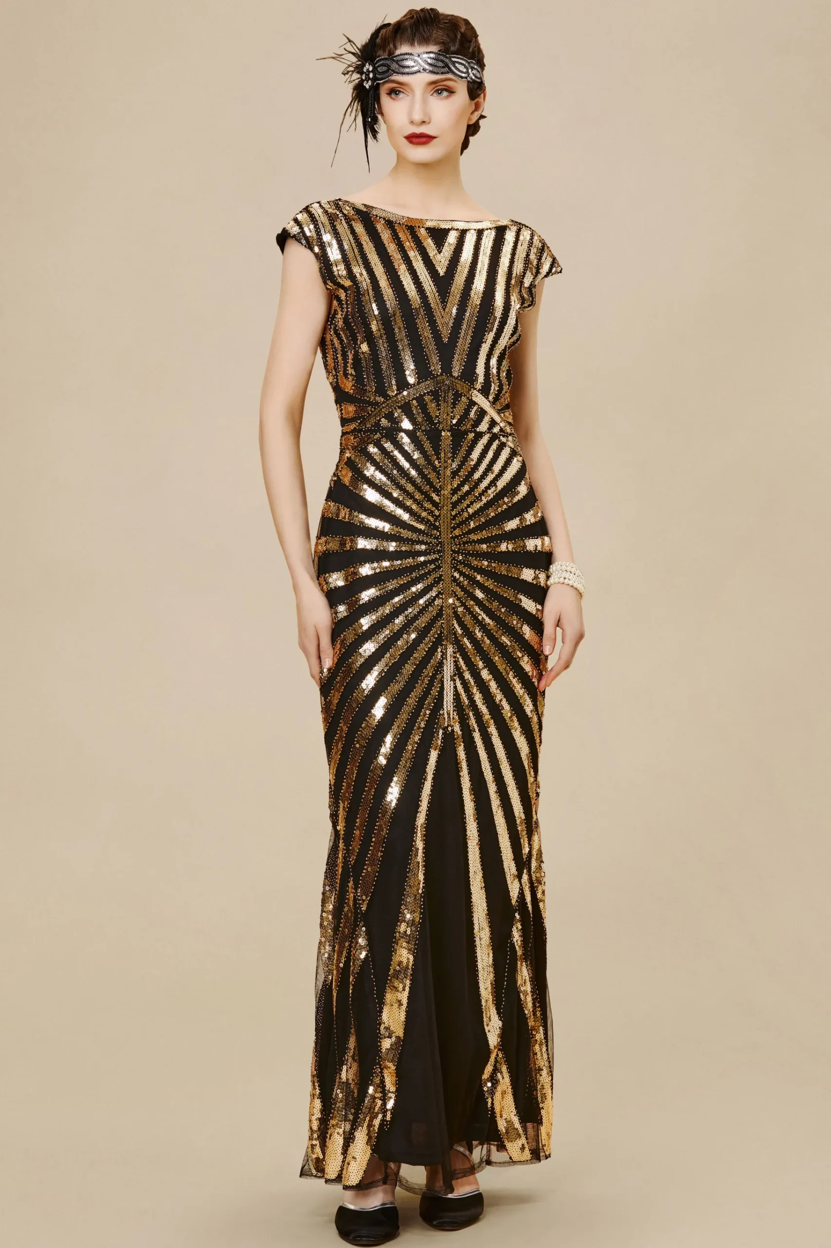 BABEYOND Dresses|Art Deco Cap Sleeve Sequin Maxi Dress Black/Gold