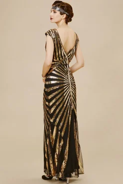 BABEYOND Dresses|Art Deco Cap Sleeve Sequin Maxi Dress Black/Gold