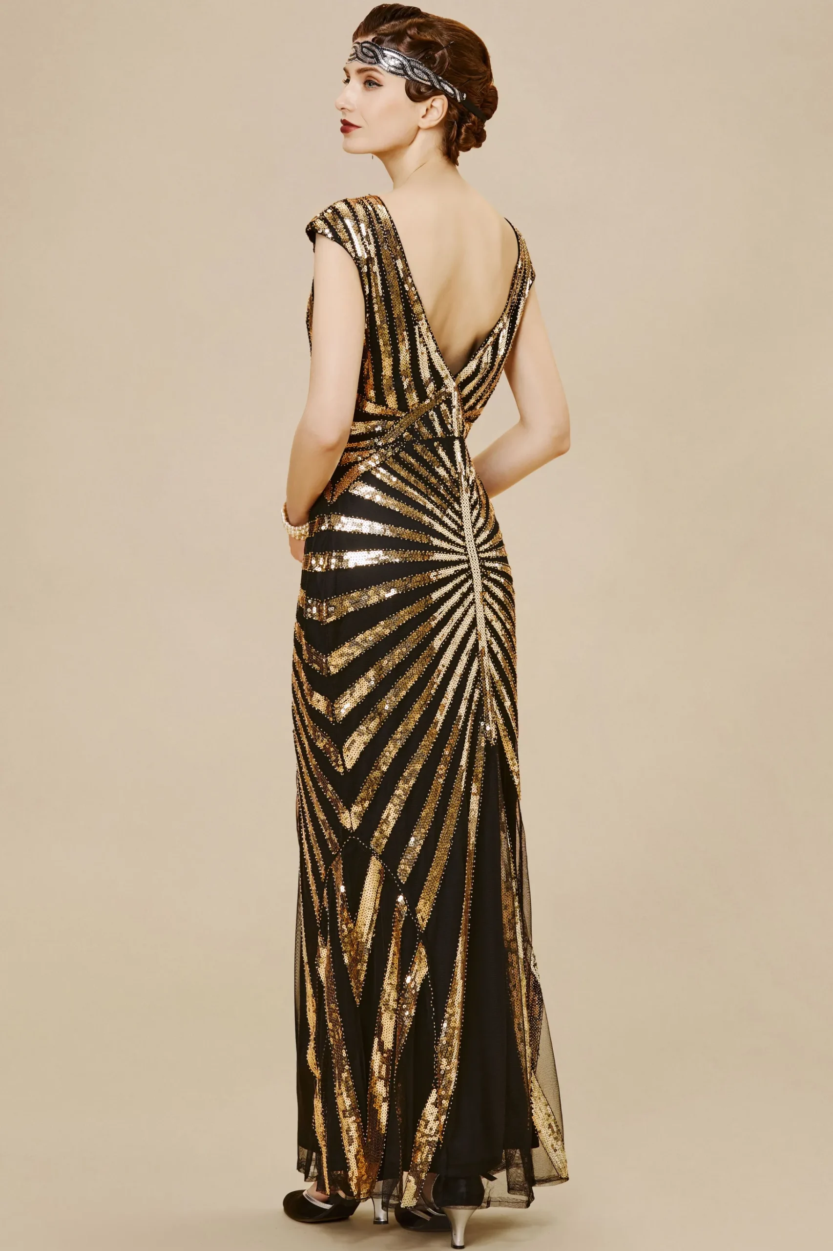 BABEYOND Dresses|Art Deco Cap Sleeve Sequin Maxi Dress Black/Gold