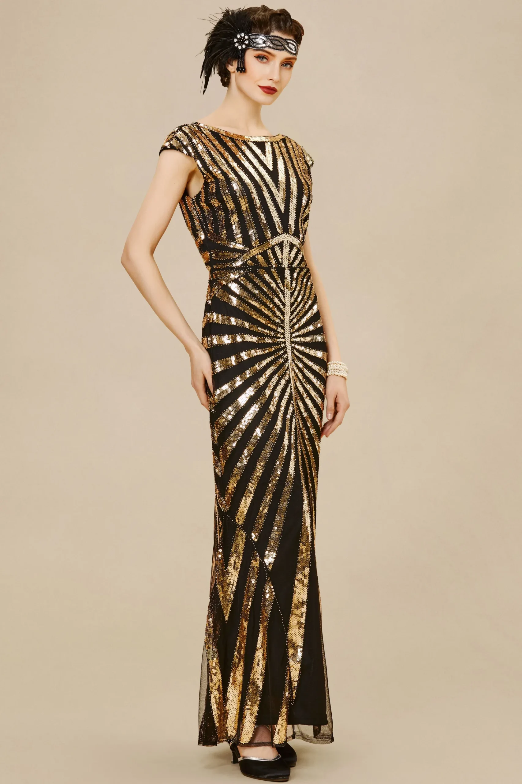 BABEYOND Dresses|Art Deco Cap Sleeve Sequin Maxi Dress Black/Gold