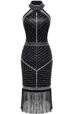 BABEYOND Dresses|Beaded Crew Neck Fringed Dress Black/Silver