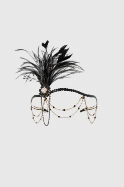 BABEYOND Headpieces & Fascinators|Beaded Crystal Chain Feather Headband Black/Gold