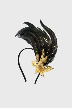 BABEYOND Headpieces & Fascinators|Beaded Sequin Floral Feather Headband Gold/Black