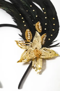 BABEYOND Headpieces & Fascinators|Beaded Sequin Floral Feather Headband Gold/Black
