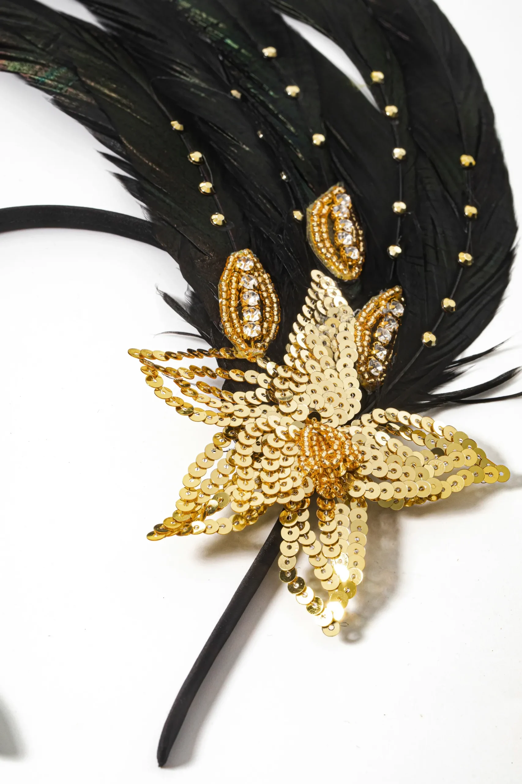 BABEYOND Headpieces & Fascinators|Beaded Sequin Floral Feather Headband Gold/Black