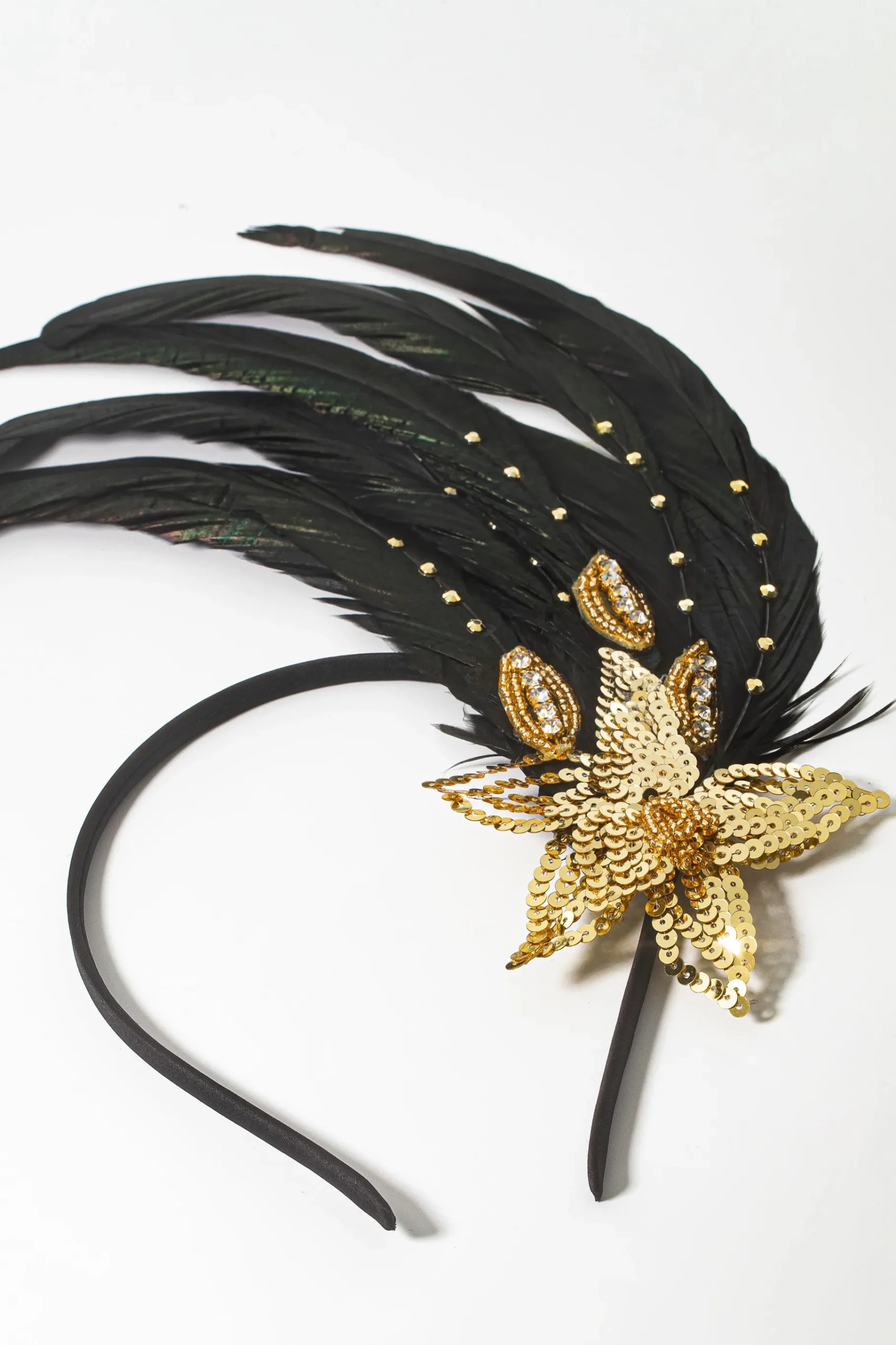 BABEYOND Headpieces & Fascinators|Beaded Sequin Floral Feather Headband Gold/Black