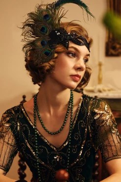 BABEYOND Headpieces & Fascinators|Beaded Sequin Peacock Headband Dark Green