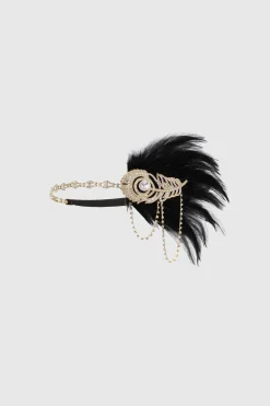 BABEYOND Headpieces & Fascinators|Crystal Studded Flower Feather Headband Black/Gold