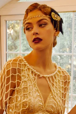 BABEYOND Headpieces & Fascinators|Crystal Studded Flower Feather Headband Black/Gold