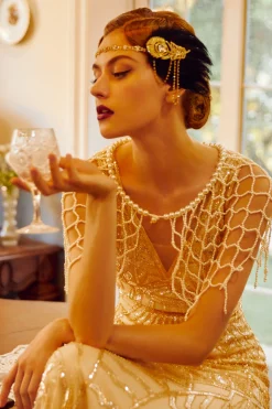 BABEYOND Headpieces & Fascinators|Crystal Studded Flower Feather Headband Black/Gold