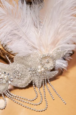 BABEYOND Headpieces & Fascinators|Crystal Studded Tinted Feather Headband White