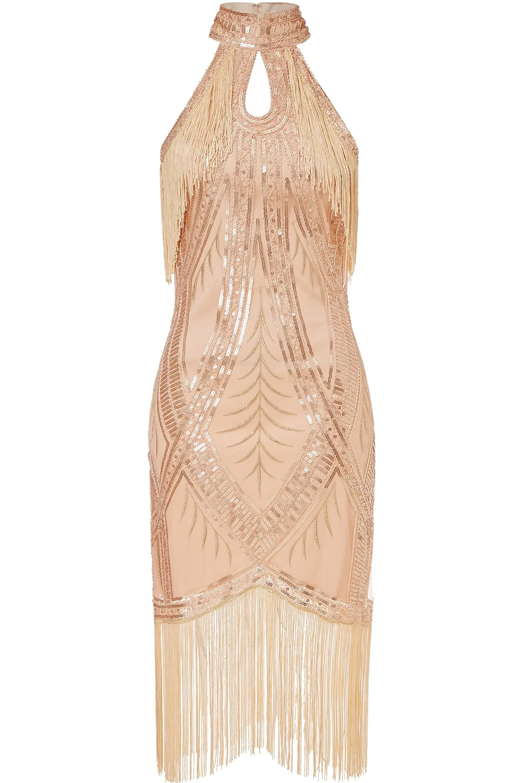 BABEYOND Dresses|Cutout Crew Neck Fringe Flapper Dress Champagne