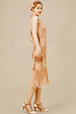 BABEYOND Dresses|Cutout Crew Neck Fringe Flapper Dress Champagne