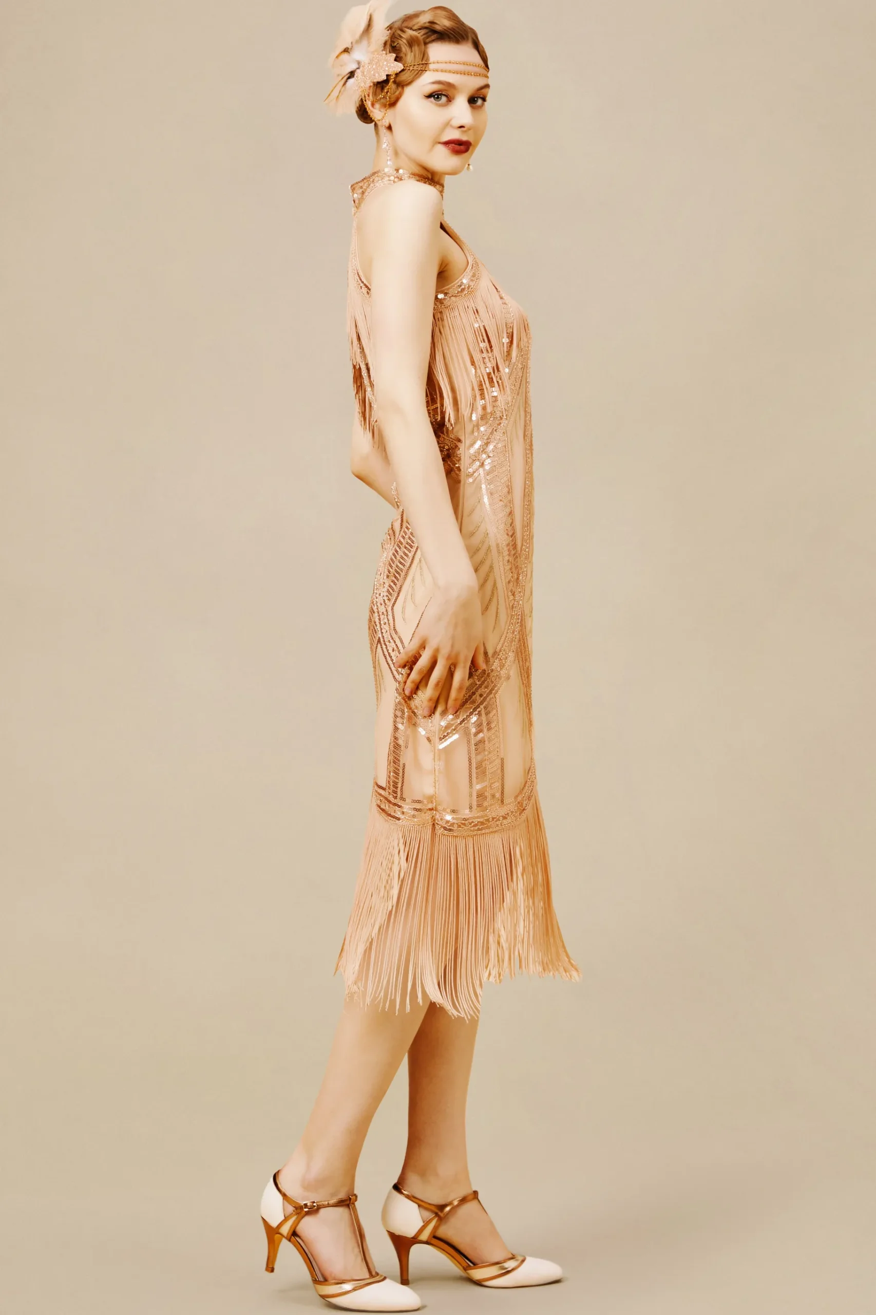 BABEYOND Dresses|Cutout Crew Neck Fringe Flapper Dress Champagne
