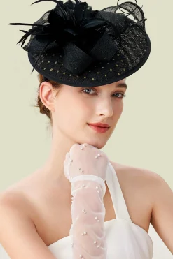 BABEYOND Headpieces & Fascinators|Dotted Tea Party Feather Fascinator Black