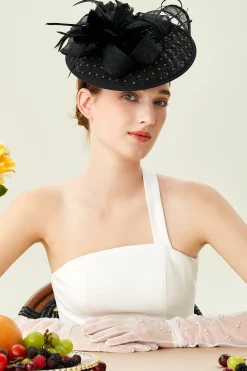 BABEYOND Headpieces & Fascinators|Dotted Tea Party Feather Fascinator Black