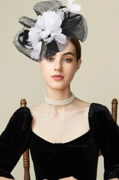BABEYOND Headpieces & Fascinators|Elegant Floral Feather Mesh Fascinator Black/White