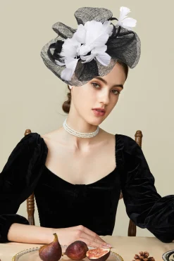 BABEYOND Headpieces & Fascinators|Elegant Floral Feather Mesh Fascinator Black/White