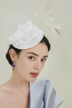 BABEYOND Headpieces & Fascinators|Embellished Floral Feather Pillbox Fascinator White