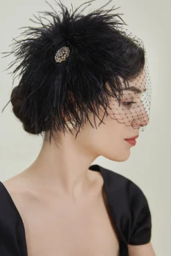 BABEYOND Headpieces & Fascinators|Embellished Rhinestone Fluffy Veil Fascinator Black/Gold
