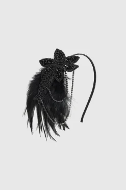BABEYOND Headpieces & Fascinators|Embroidered Blossom Feather Headband Black