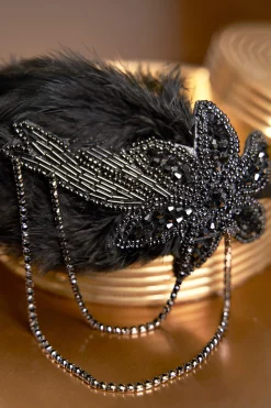 BABEYOND Headpieces & Fascinators|Embroidered Blossom Feather Headband Black