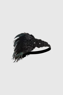 BABEYOND Headpieces & Fascinators|Embroidered Feather Shimmer Headband Black