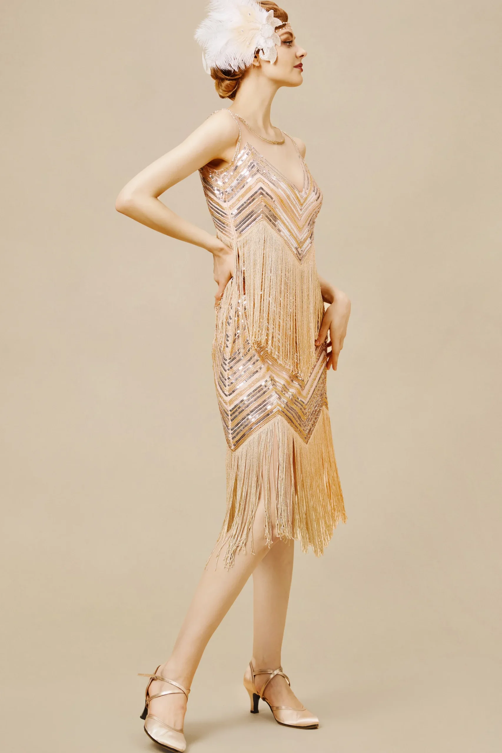 BABEYOND Dresses|Embroidered Sequin Flapper Tassel Dress Champagne