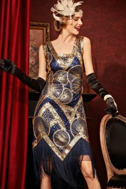 BABEYOND Dresses|Embroidered Sequin Midi Prom Dress Navy Blue