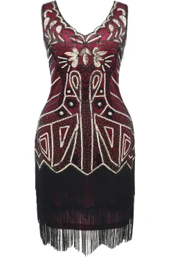 BABEYOND Dresses|Flapper Paisley Art Deco Mini Plus Dress Dark Red