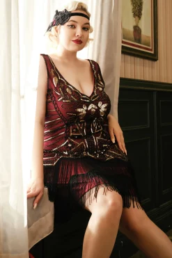 BABEYOND Dresses|Flapper Paisley Art Deco Mini Plus Dress Dark Red