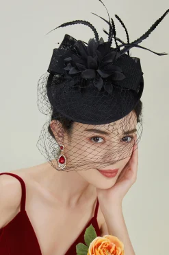BABEYOND Headpieces & Fascinators|Floral Bow Knot Veil Feather Pillbox Fascinator