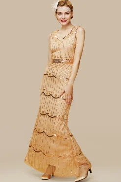 BABEYOND Dresses|Floral Sequin Sleeveless Gown Dress Champagne