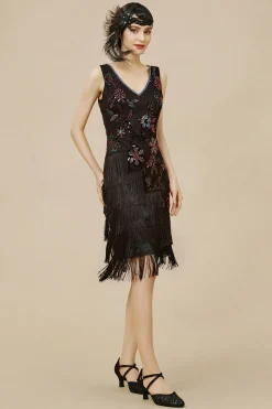 BABEYOND Dresses|Flowery Tassel Sequins Flapper Dress Black
