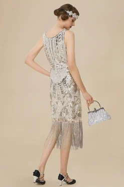 BABEYOND Dresses|Glitter Sequin V-Neck Art Deco Slip Dress Gray