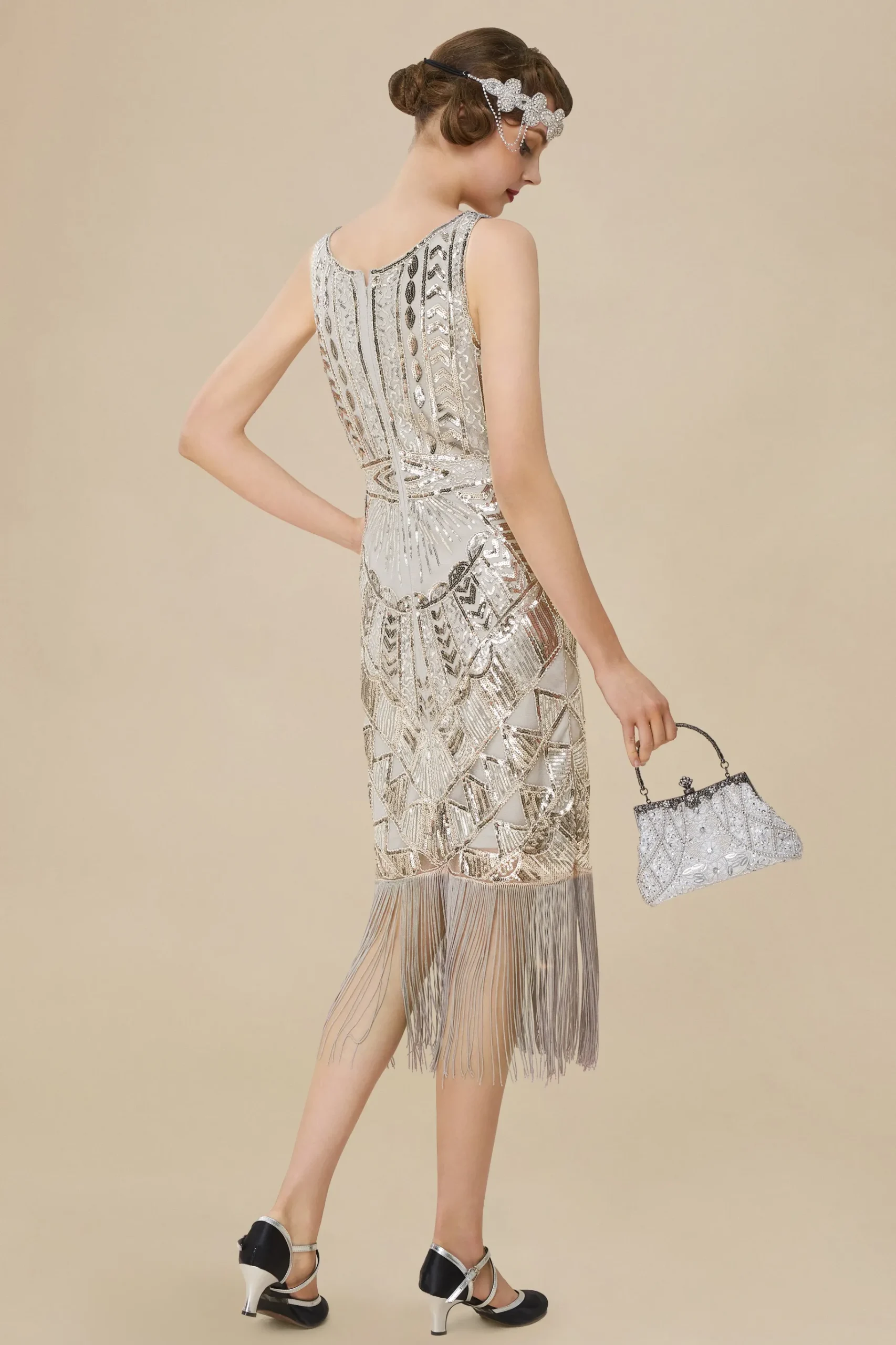 BABEYOND Dresses|Glitter Sequin V-Neck Art Deco Slip Dress Gray