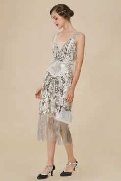 BABEYOND Dresses|Glitter Sequin V-Neck Art Deco Slip Dress Gray