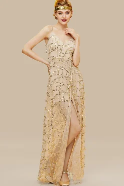 BABEYOND Dresses|High Slit Glittering Sequin Strappy Dress Gold