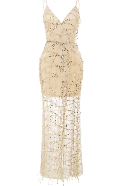 BABEYOND Dresses|High Slit Glittering Sequin Strappy Dress Gold