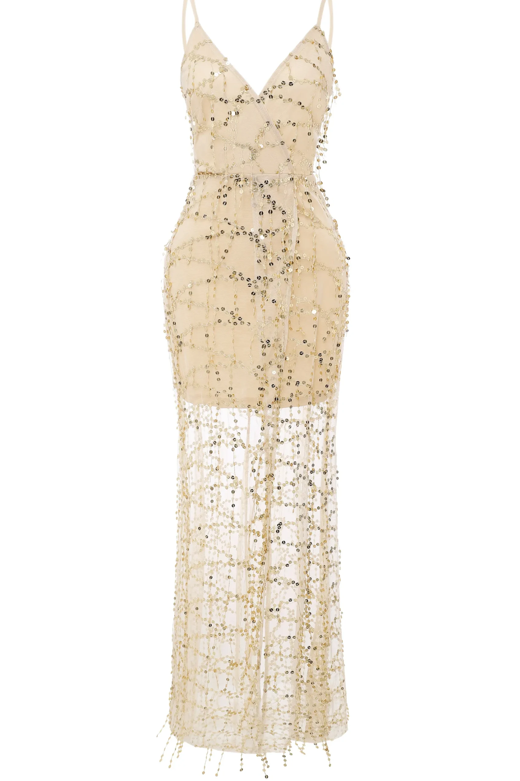 BABEYOND Dresses|High Slit Glittering Sequin Strappy Dress Gold