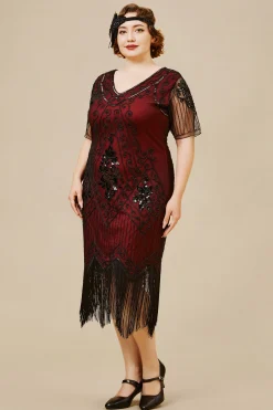 BABEYOND Dresses|Irregular Fringe Beaded Sequin Plus Dress Dark Red