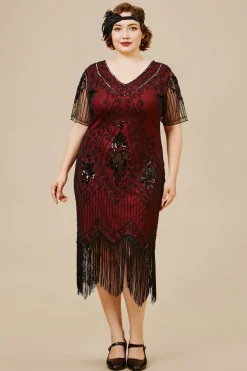 BABEYOND Dresses|Irregular Fringe Beaded Sequin Plus Dress Dark Red
