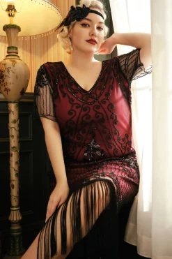 BABEYOND Dresses|Irregular Fringe Beaded Sequin Plus Dress Dark Red
