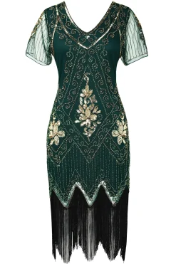 BABEYOND Dresses|Irregular Fringe Sequin Flapper Plus Dress Dark Green/Gold