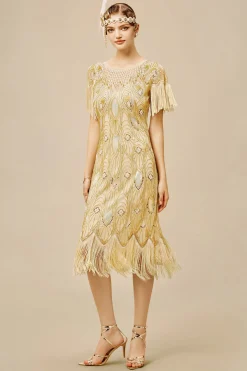 BABEYOND Dresses|La Revue Negre Beaded Fringe Flapper Dress Champagne