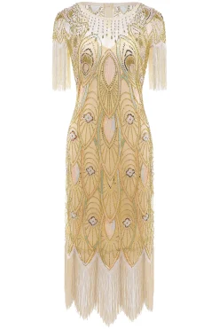 BABEYOND Dresses|La Revue Negre Beaded Fringe Flapper Dress Champagne
