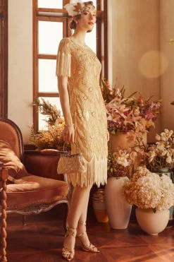 BABEYOND Dresses|La Revue Negre Beaded Fringe Flapper Dress Champagne